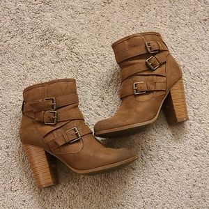 High heel zip up booties with buckles